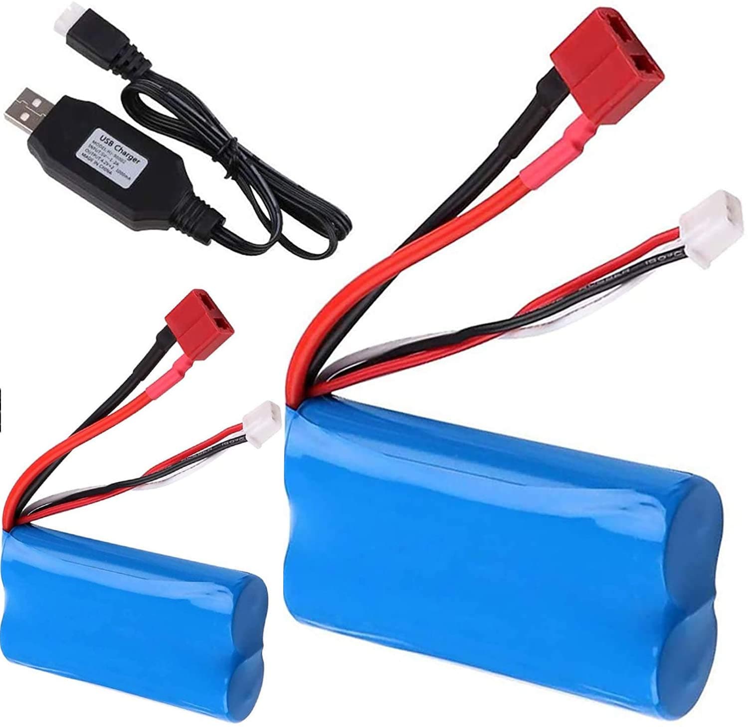 2 Pack Li-ion rechargeable battery 7.4V 2000mAh 2S 20C T plug female connector with USB charger for RC car off road truck jumper WLtoys