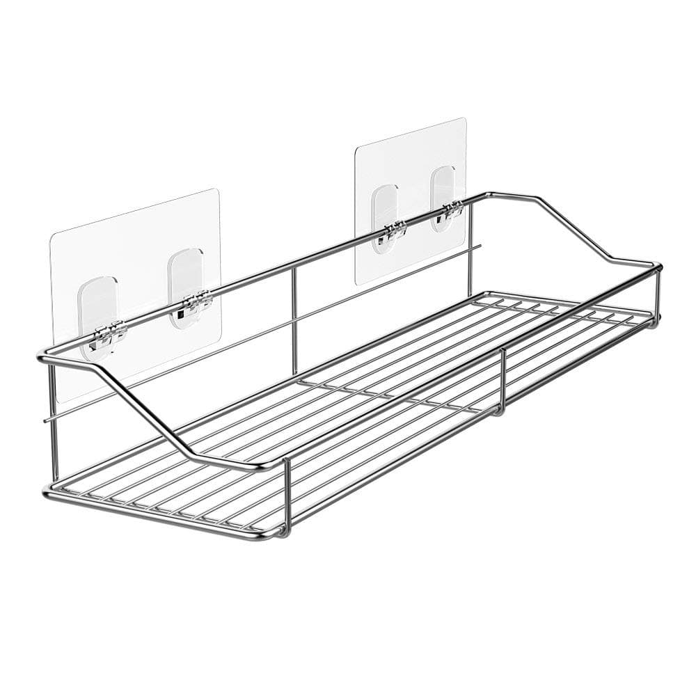 Bathroom Shelf Organizer Shower Caddy Storage Kitchen Rack with Traceless Transparent Adhesive No Drilling SUS304 Stainless Steel, 15.75 inch, Silver