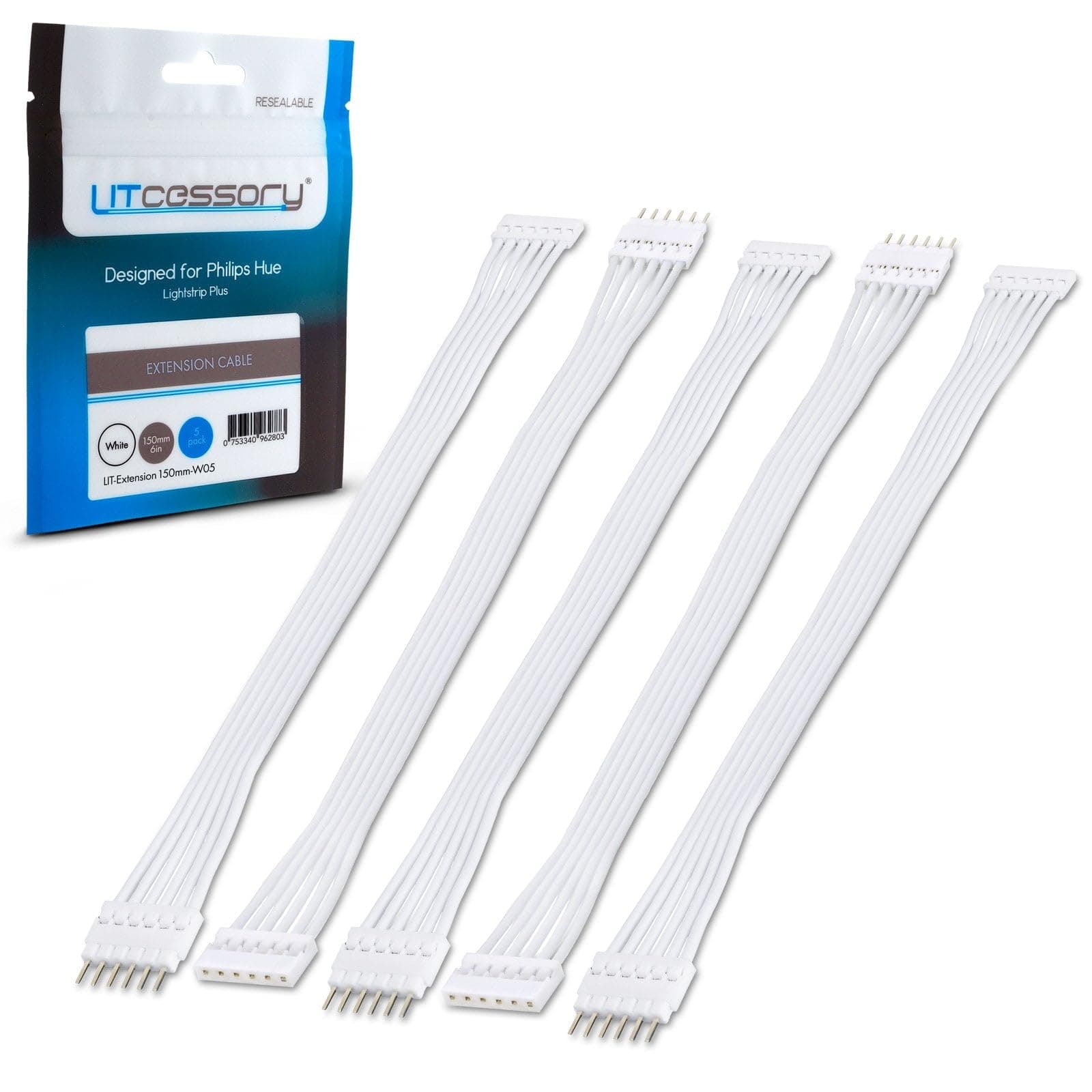 Litcessory Extension Cable for Philips Hue Lightstrip Plus (150 mm, Pack of 5, White - Standard 6-Pin V3)
