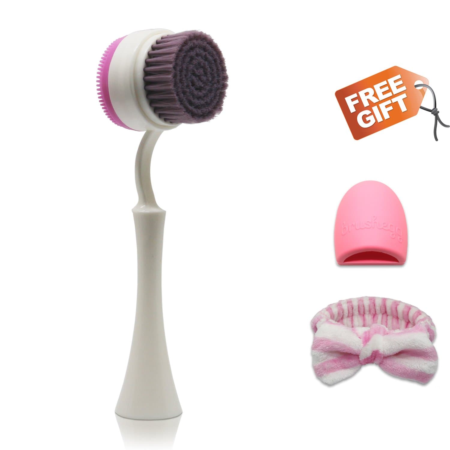Facial Cleansing Brush for Exfoliating Double Face Brushes with Soft Bristles and Silicone Pad for Skin Cleansing and Massaging Bonus Brush Egg and Headband