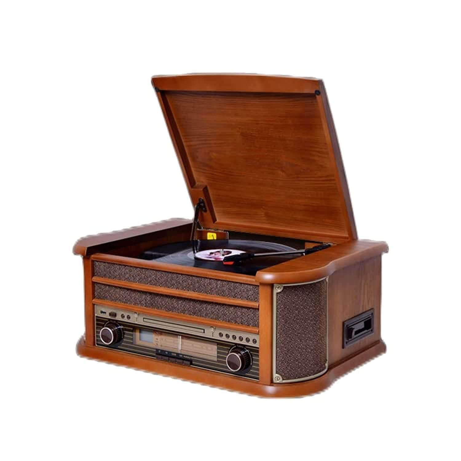 All in One Music Centre, Vinyl Record Player, Nostalgia Turntable, CD/Cassette Player, USB, Radio, Bluetooth, Supports Remote Control