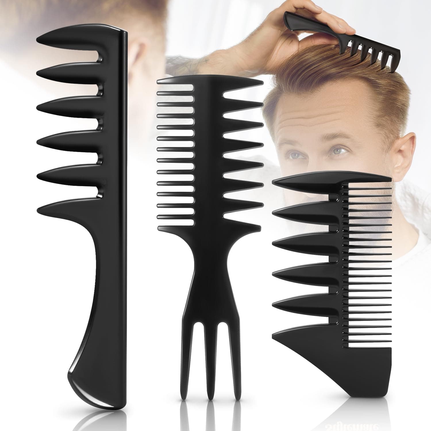 STYLEMATE 3Pcs Hair Styling Combs Set For Men - Black Barber Wide Tooth Texture Comb For Quiff, Pompadour, Slicked-back, Fauxhawk, Undercut