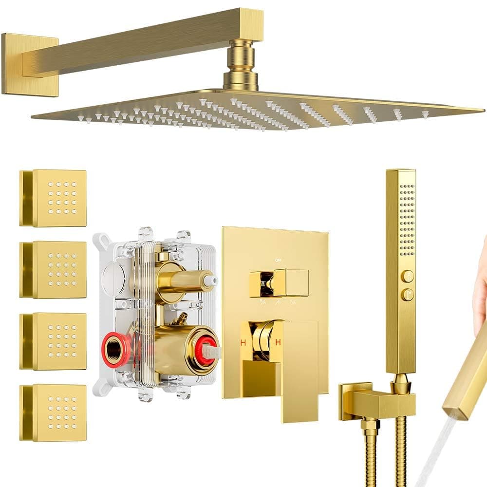 Shower System Brushed Gold Shower Faucets Sets, Bostingner 10" Rain Shower Head with 2 In 1 Handheld Spray and 4 Body Jets, Wall Mounted All Metal 3 Way Shower Set with Rough-in Valve and Trim Kit