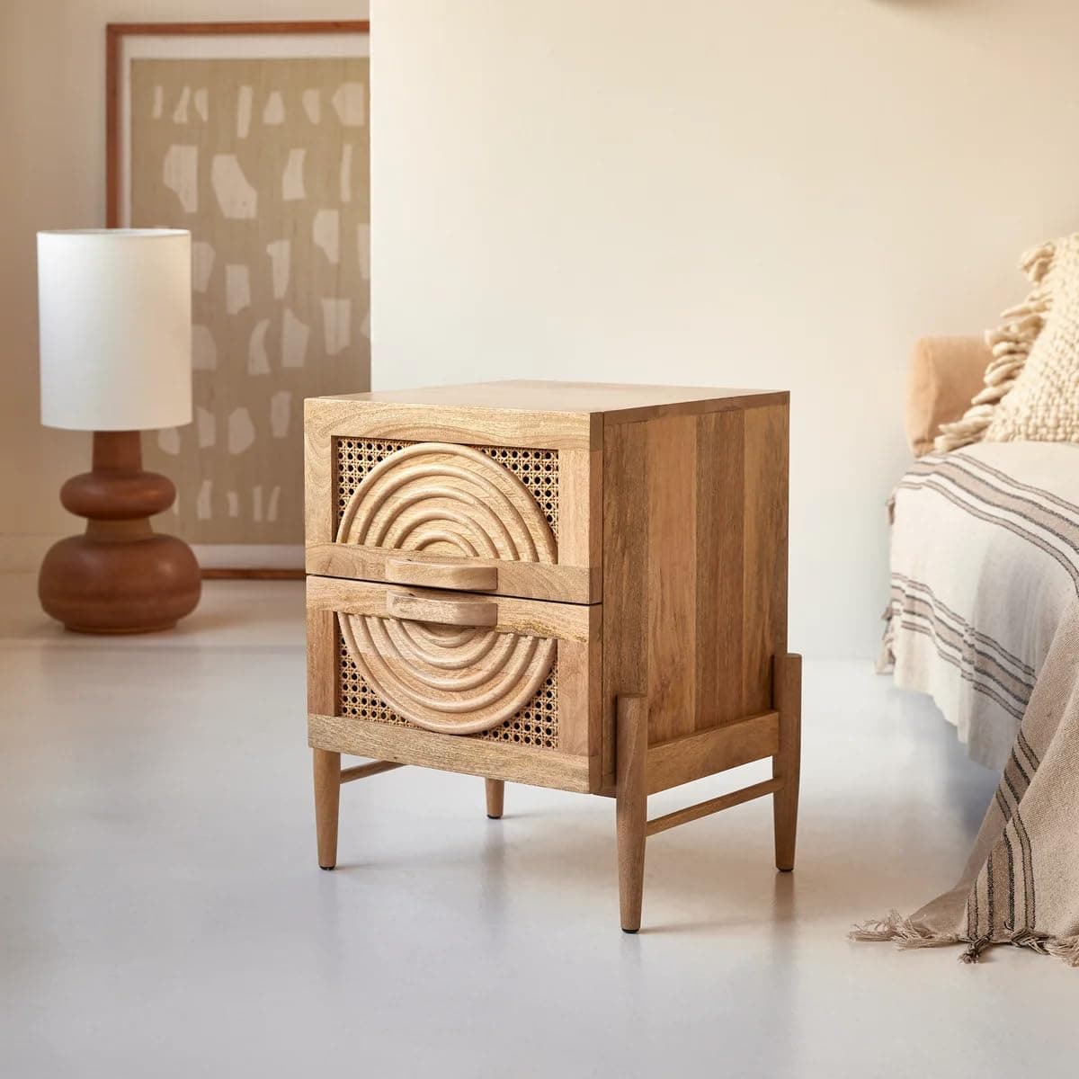 Osho Rattan Wooden Bedside Table with Storage | Solid Mango Wood Rattan Nightstand | 2 Drawers Side Table for Bedroom | Natural Finish | Assembly - DIY |