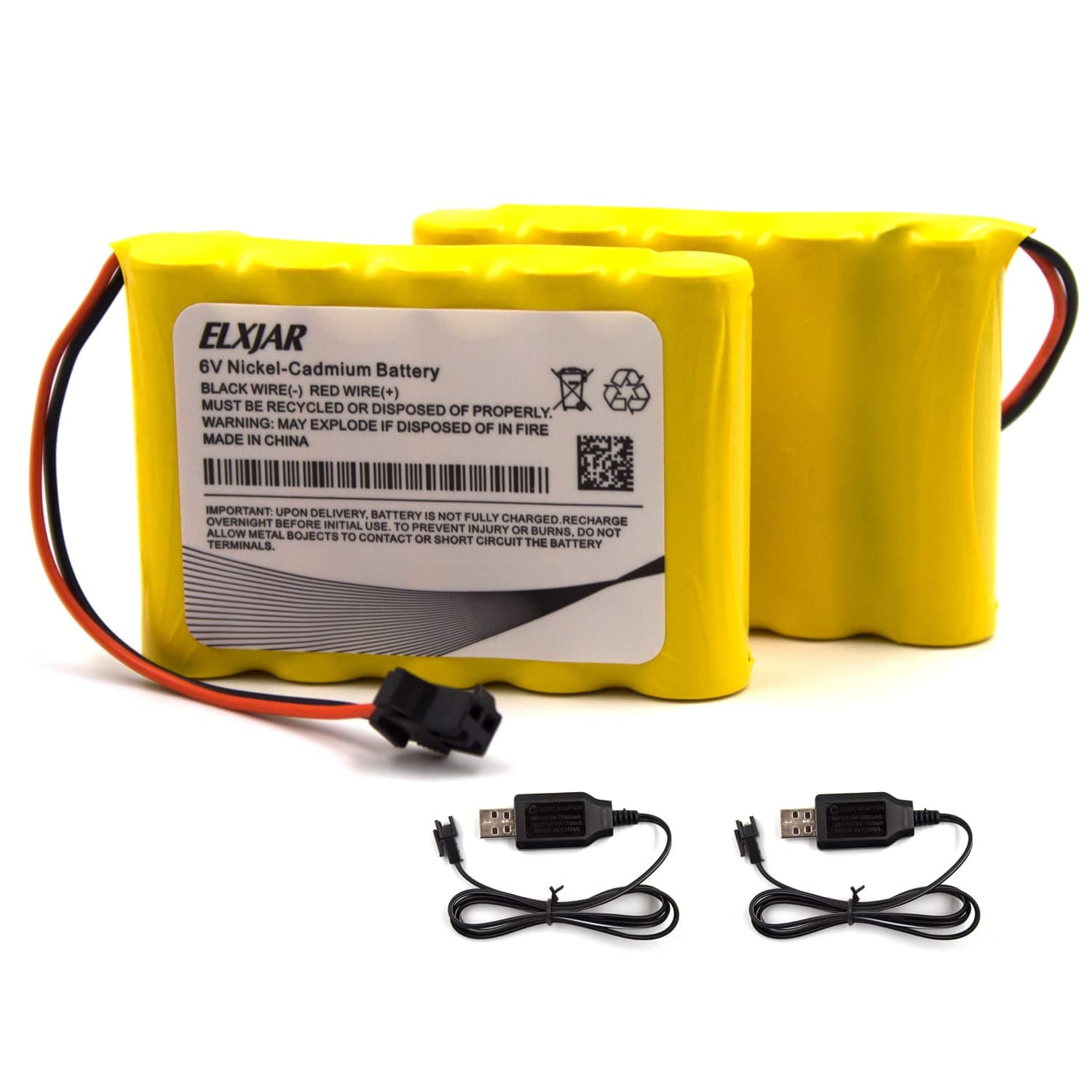 elxjar (2-Pack) 6.0V 800mAh Ni-CD AA Rechargeable Battery Pack Replacement for Amphibious RC Cars, 11-Channel RC Excavator, Trucks, Vehicles with SM-2P Plug and 2 USB Charger Cables