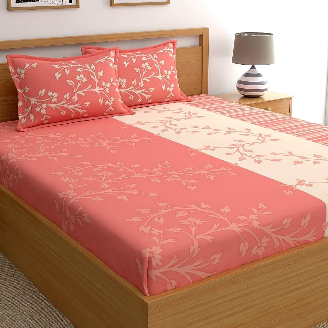 Dreamscape 100% Cotton King Bedsheet with 2 Pillow Covers - (Size 88 x 108 inches, 140 TC, Colour - Peach: Peach Bougainvillea)