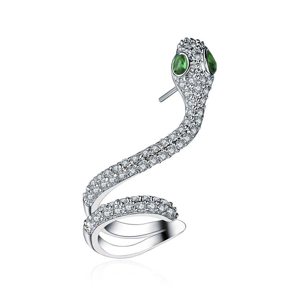 Sterling Silver Snake Cuff Ear Clip Stud Earrings Green Crawler Earring Snake Stud Climber Ear Cuff with Rhinestone for Women Girls(Not a Pair, Just ONE)