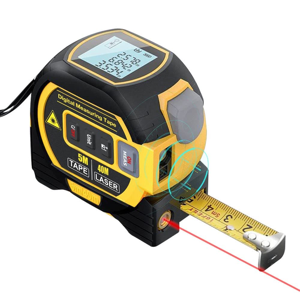 Moniss 3in1 Laser Rangefinder 5m Tape Measure Ruler LCD Display with Backlight Distance Meter Building Measurement Device Area Volumes Surveying Equipment 40m
