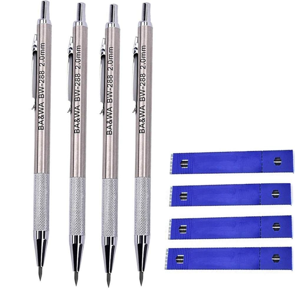 4 Pack 2.0 mm Lead Holder Metal Mechanical Pencil Automatic Mechanical Drafting Pencil for Draft Drawing,Carpenter,Crafting, Art Sketching + 48 Leads