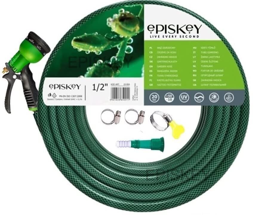 Episkey Heavy Duty 30 Meter Garden Hose Pipe | 1/2 Inch Flexible Water Pipe with Double Latex Core Braided Anti-Kink Outer Layer 8-Pattern SprayGun, Tap Connector & 2 Clamps | Leak-Proof, UV-Resistant