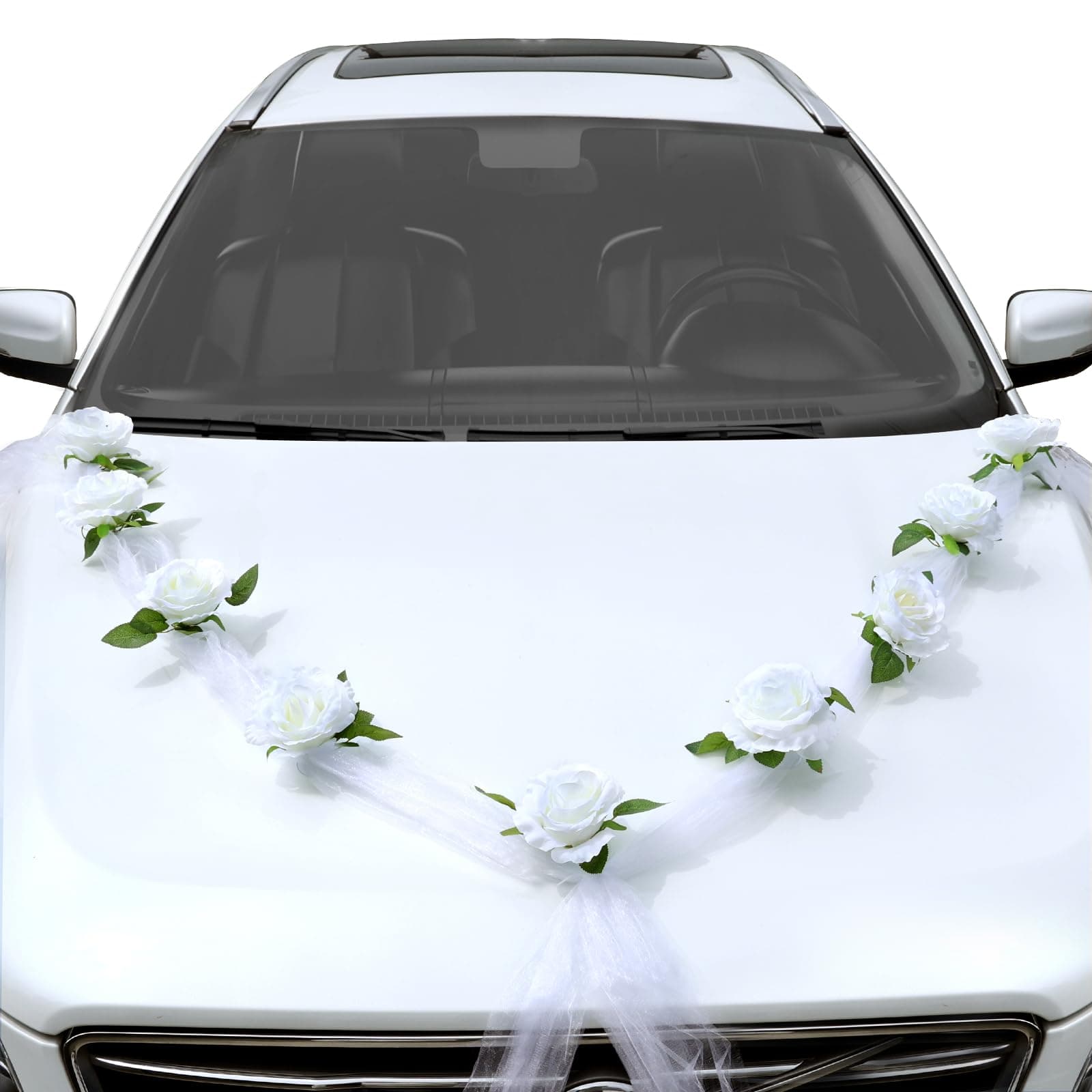 GWHOLE Wedding Decorations for Car, Just Married Car Decorations White Roses Artificial Flowers Bouquet Ribbon Set with 2 Tulle Ribbons for Wedding, Party