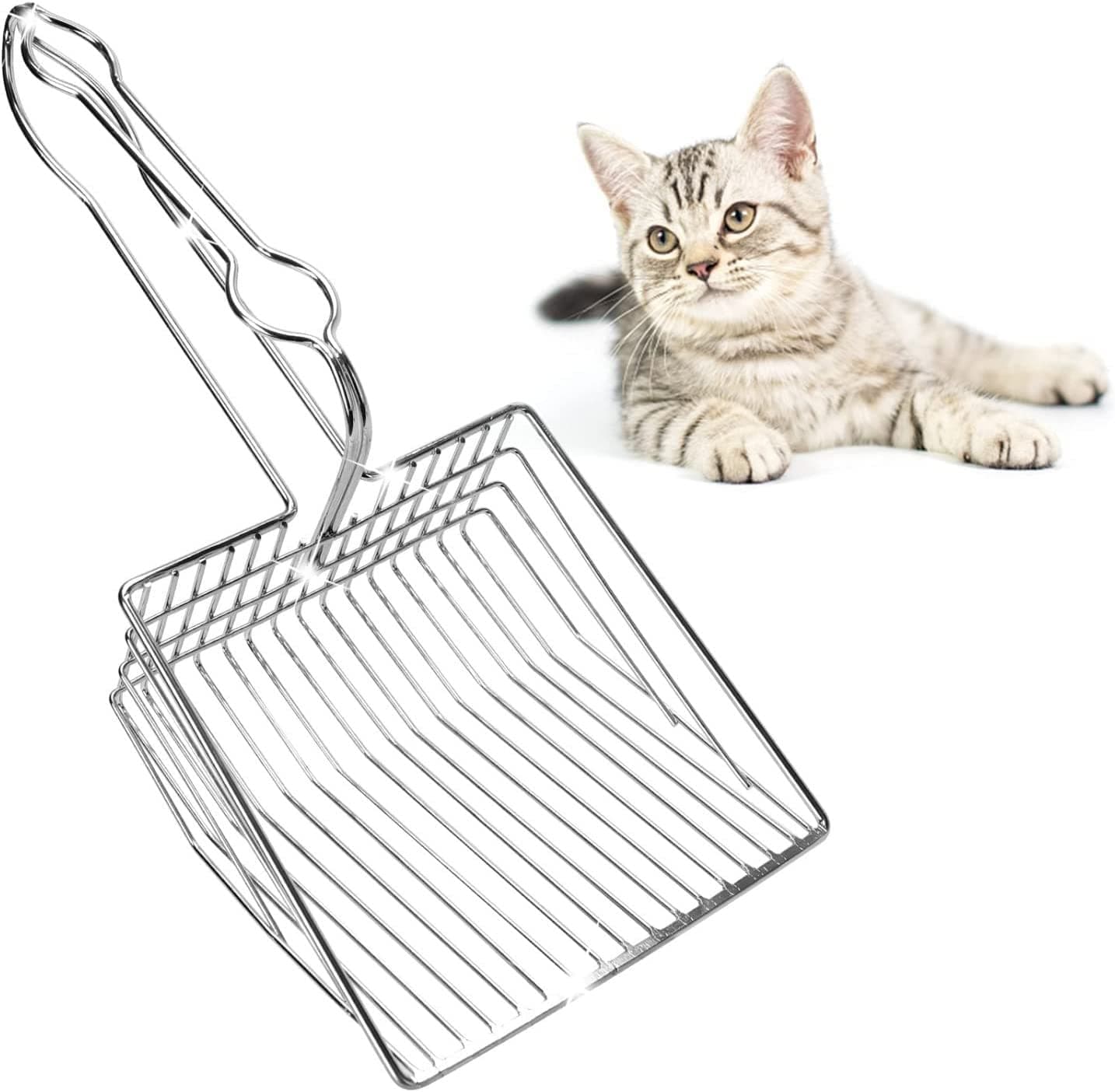 Metal Cat Litter Scoop, Fast Sifter with Long Handle Deep Shovel Pet Easy Cleaning Tool Non Stick Poop Pickers