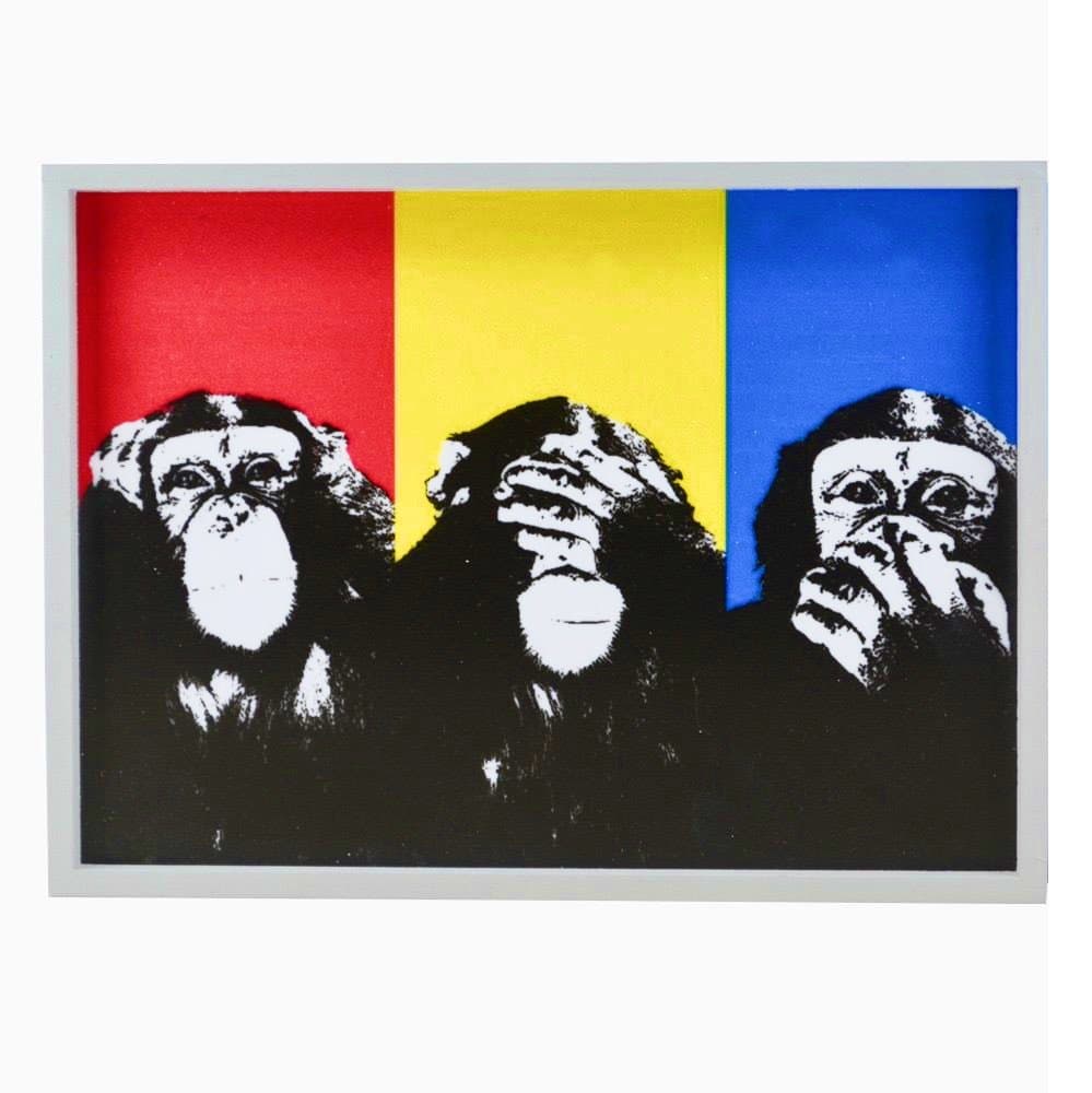 Three Wise Monkeys - Hear/See/Speak no Evil - Rectangular White Wooden Light Box with Battery Powered LED Strip