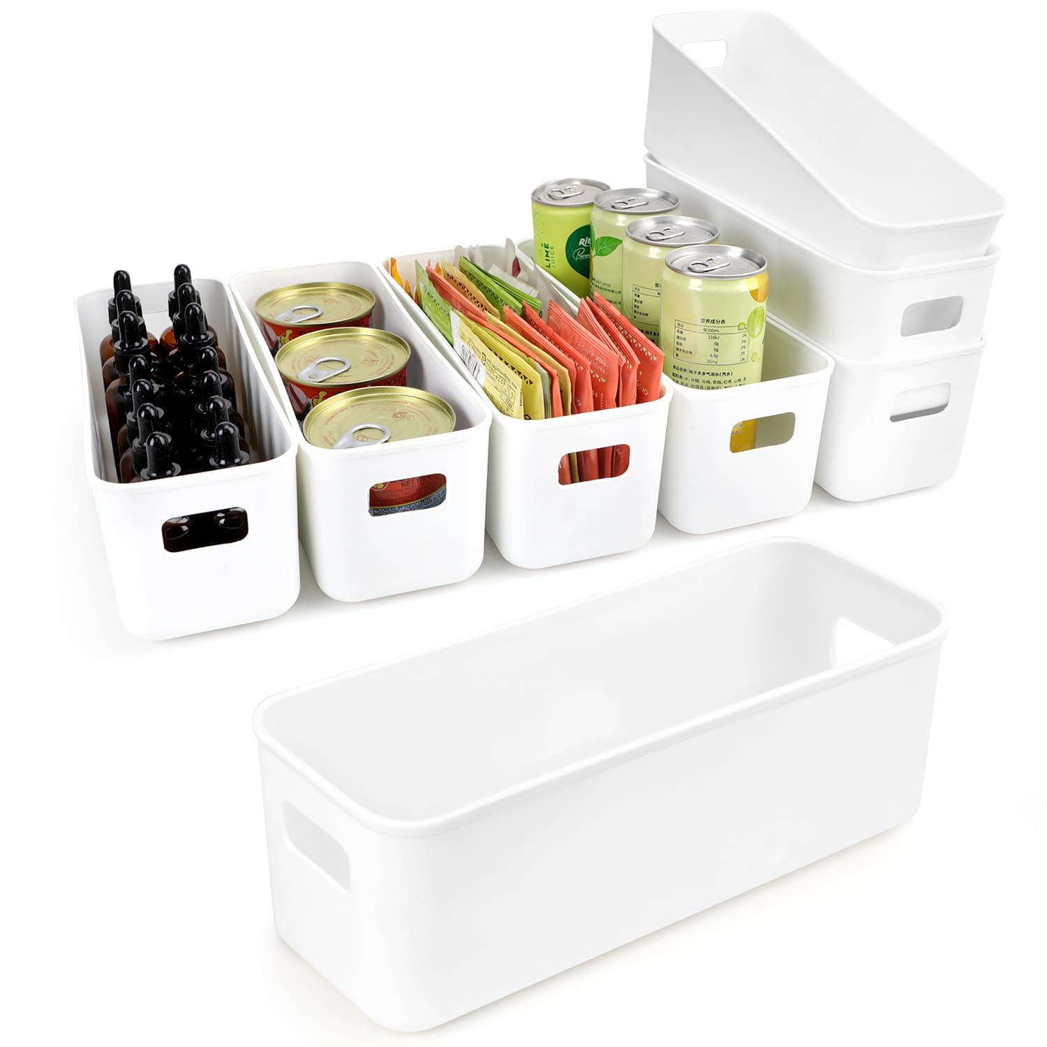 8 pack Narrow Storage Box, Plastic Storage Baskets for Shelves, Slim Kitchen Cupboard Organiser Storage Boxes for Bathroom Cabinet, Drawers, Desktop Organisation, 10 cm Wide Rectangle,White