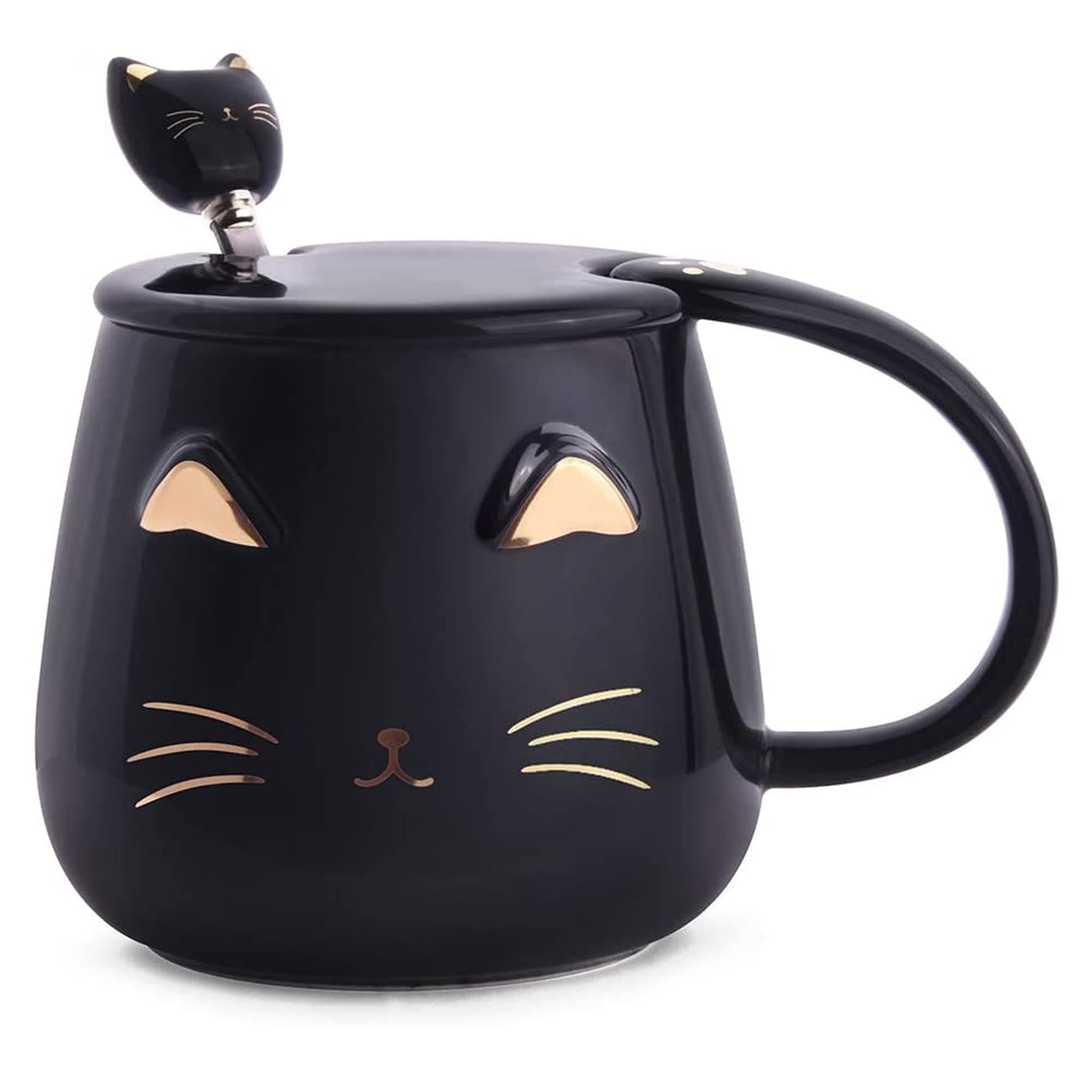 Sulfar Home Black Cat Mug | Cute Kitty Ceramic Coffee Mug with Stainless Steel Spoon | Novelty Coffee Cup for Cat Lovers Women Girls (Black)