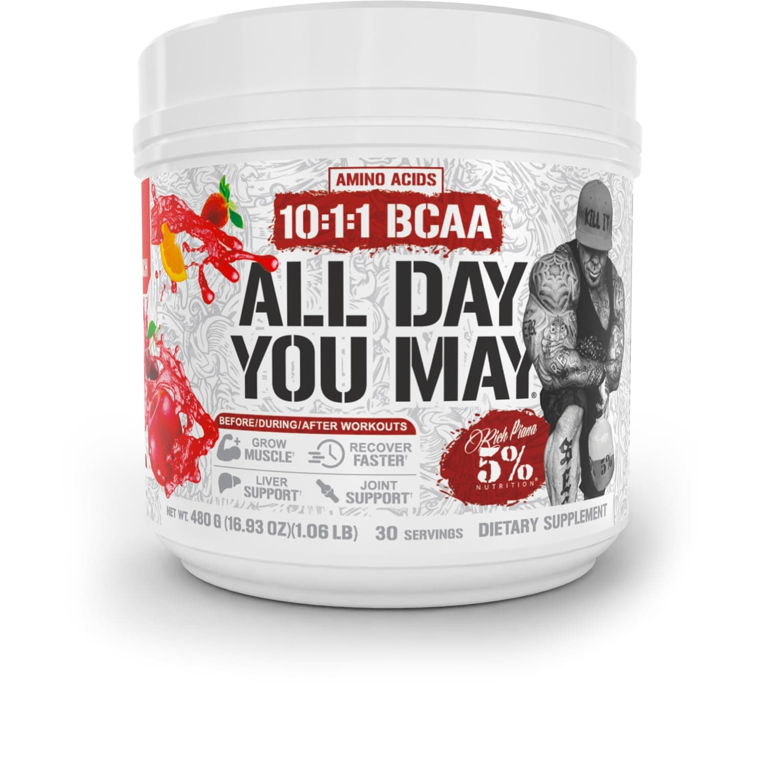 Rich Piana AllDayYouMay BCAA Powder Premium Intra & Post Workout Amino Acids, Hydration, Endurance, Muscle Recovery, Joint & Liver Support | 16.93 oz, 30 Servings (Fruit Punch)