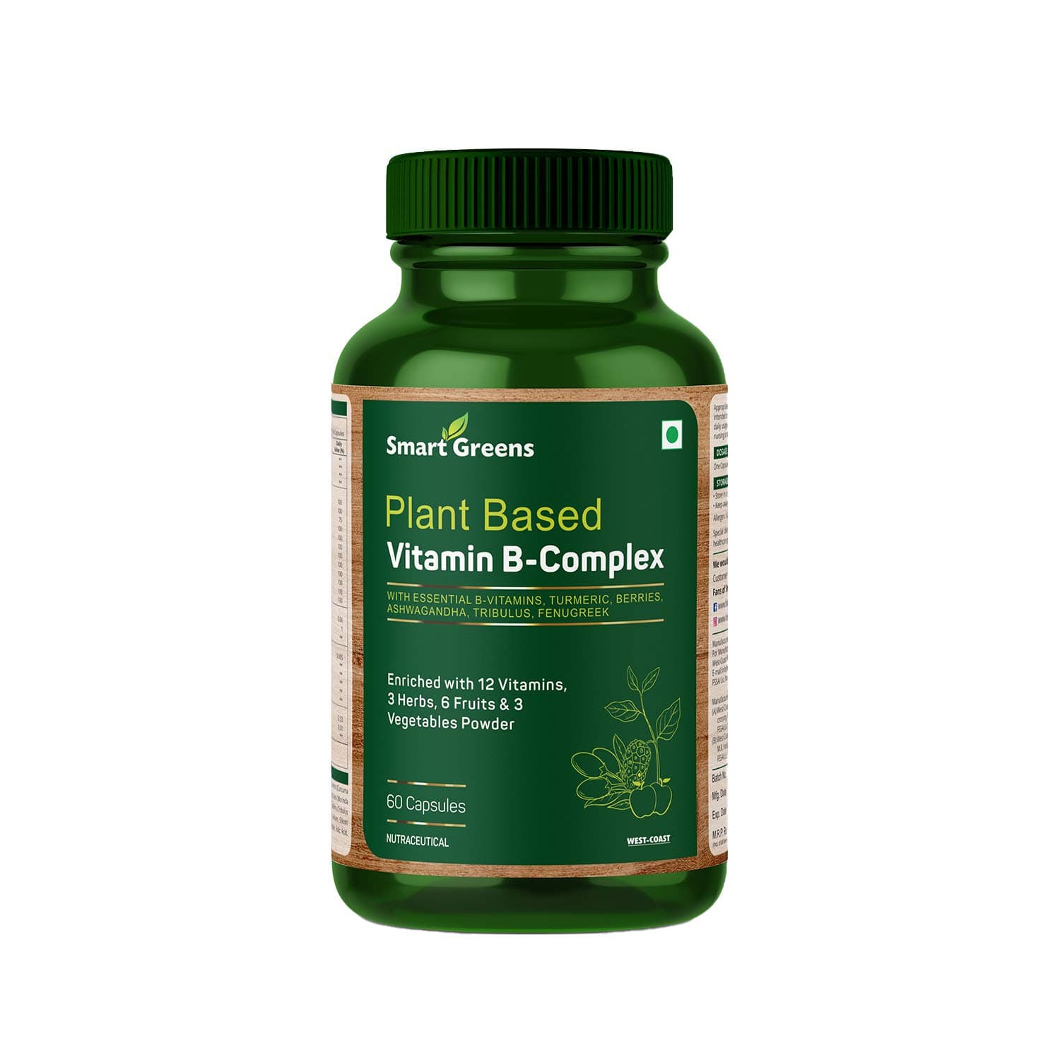 Smart Greens Plant Based Vitamin B-Complex, Turmeric, Berries, Ashwagandha, Tribulus, Fenugreek & Enriched with Essential B-Vitamins, Herbs, Fruits, & Vegetable Power – 60 Capsules