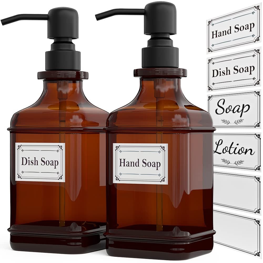 Soap Dispenser 2 Pack, Hand Soap Dispensers with 18 Oz Antique Design Thick Amber Glass Bottle, 316 Rust Proof Stainless Steel Black Pump, 6Pcs Stickers, for Lotion, Soap, Essential Oil