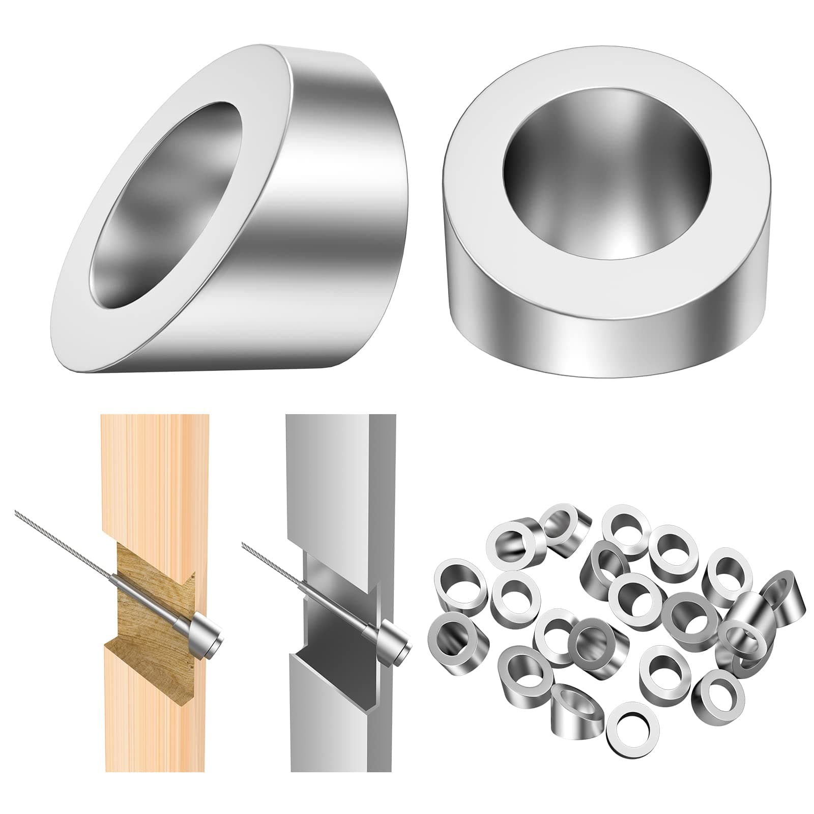 BLIKA 20 Pack Stainless Steel 30 Degree Angle Beveled Washer for 1/8" 5/32" 3/16" Deck Cable Railing, 5/16" ID Angle Washers for Wood/Metal/Aluminum Posts, Cable Railing Angled Washer