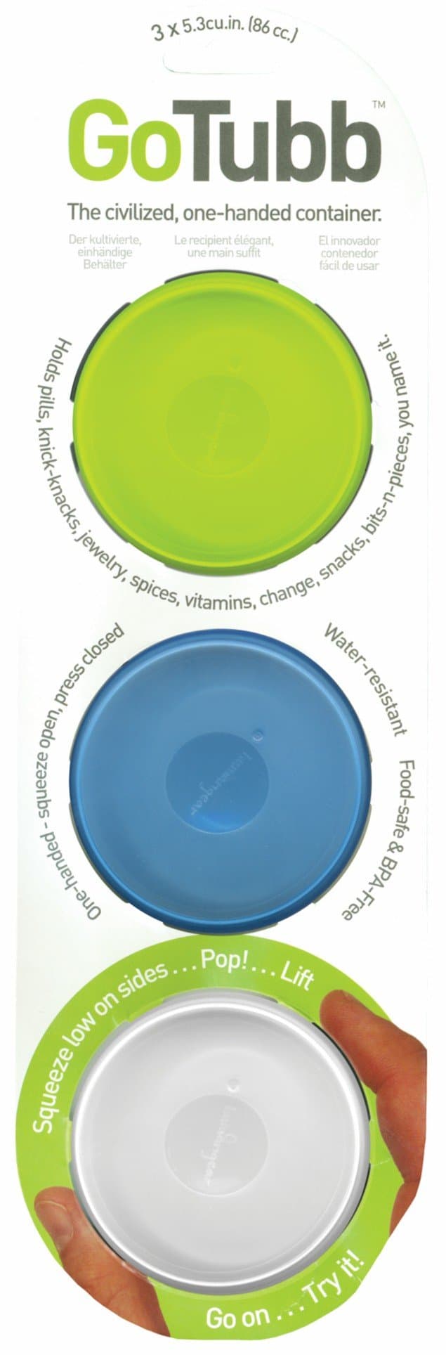 3 Pack Go Tubb One-Handed Container – Medium – Clear/Green/Blue