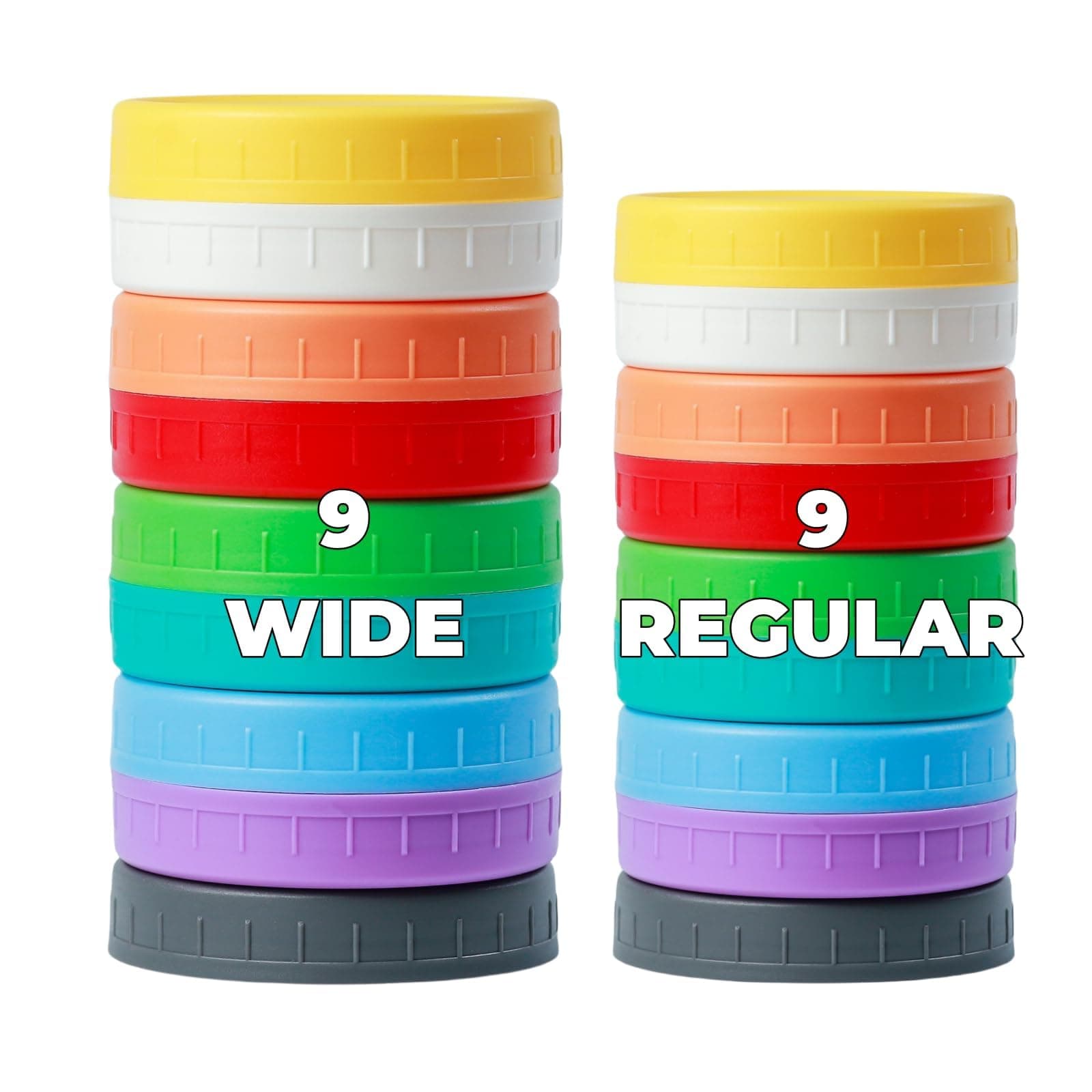 18 Pack Upgraded 9 Wide Mouth & 9 Regular Mouth Mason Jar Lids with Silicone Ring ,Thickened Leak-proof Lids Fit Ball,Kerr and More, 9 Color Plastic Lids, 86mm &70mm Plastic Mason Jar Lids