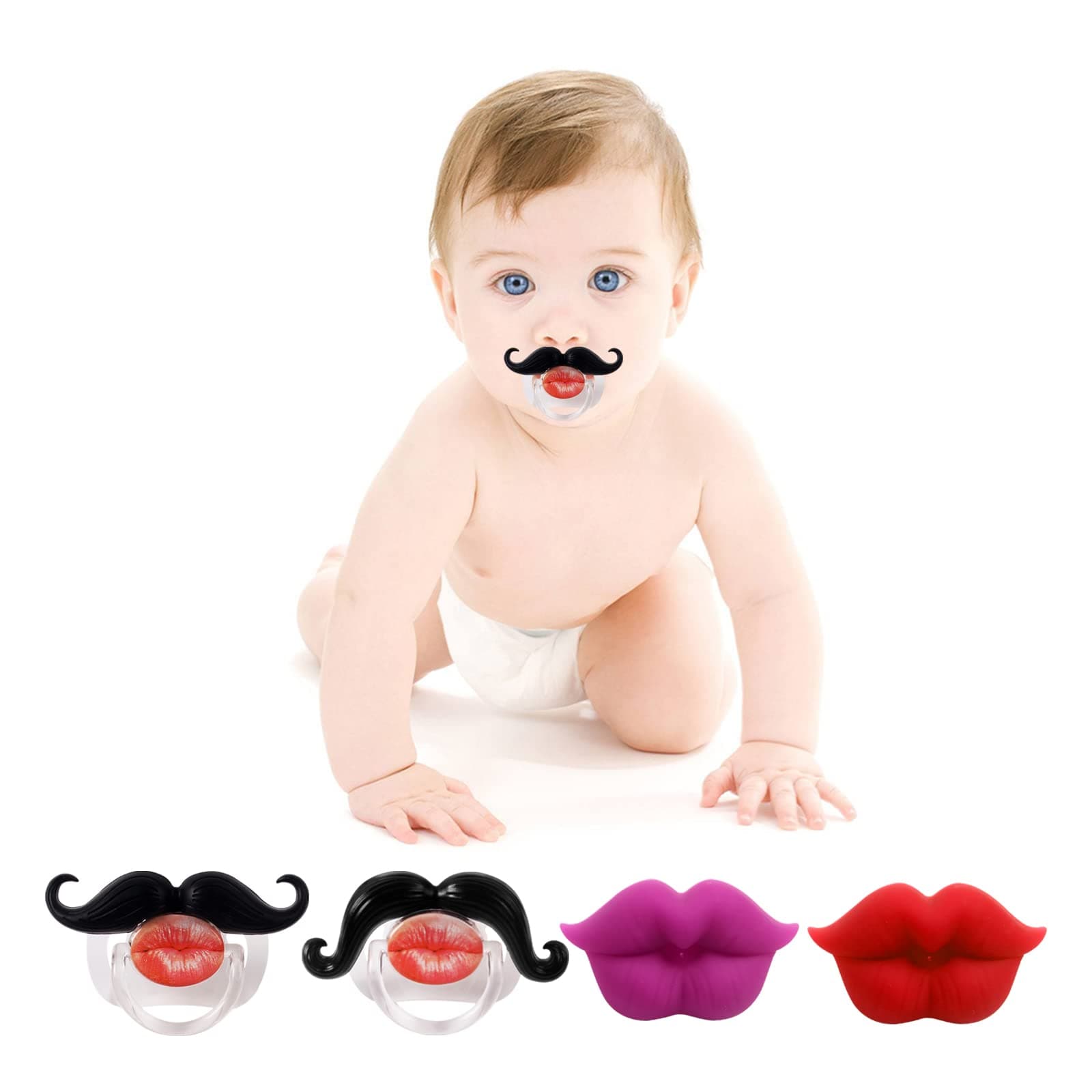 ROBBEAR4-Pack Funny Baby Pacifier, Cute Lips Mustache for Babies 0-12 Months, Orthodontic Silicone , BPA-Free, Gift for Newborns, Infants, Toddlers