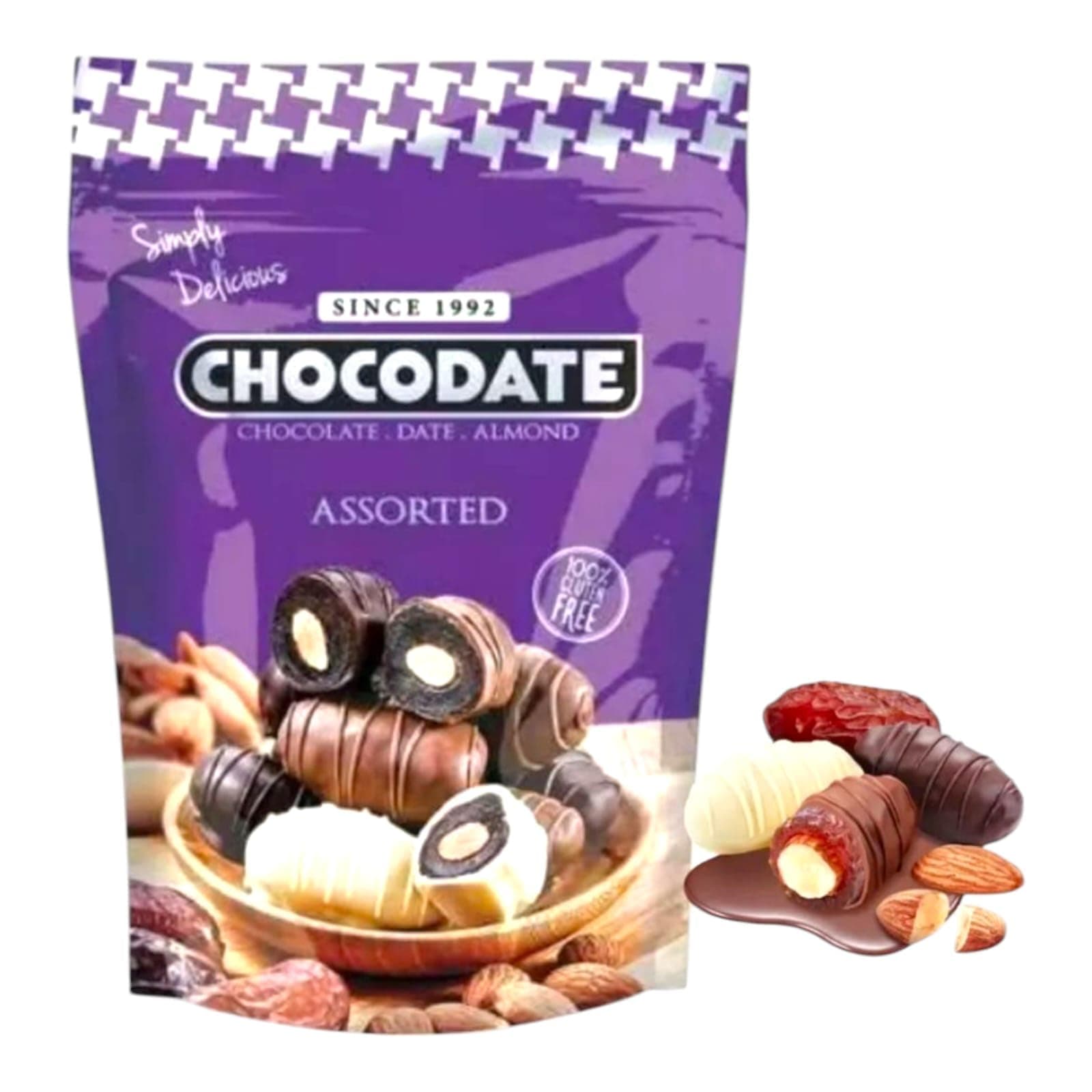 Chocodate Assorted Chocolate with Almond Simply Delicious Premium Quality Mixed Chocolate Coated Dates Crunchy Almond Filling Rich Multi Flavor Taste Gourmet Snack Luxury Gifting Treat Imported UAE 80g