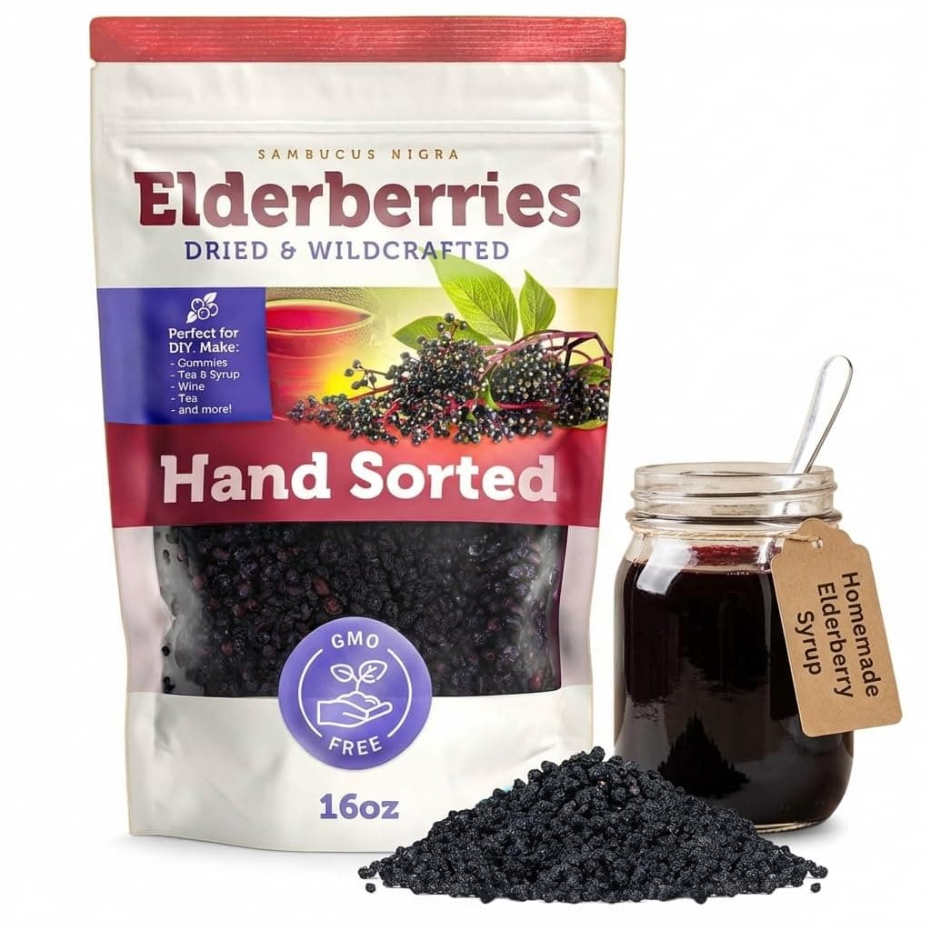 Dried Elderberries - 1lb Bulk - Dried Mixed Fruits Hand-Sorted, Wildcrafted, Natural, Non-GMO, Immune System Support for Black Elderberry Syrup, Gummies, Jelly, Tea, Wine, Raw Sambucus, 1 Pound