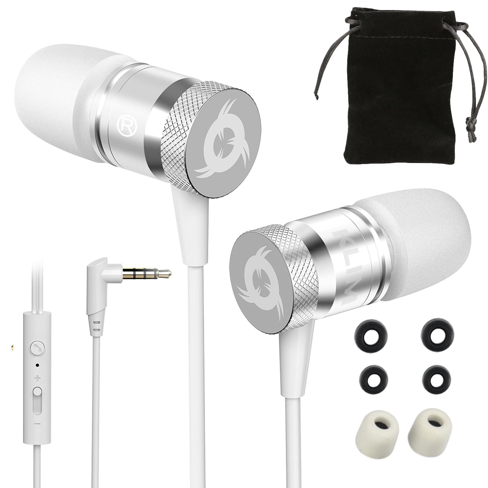 KLIM Fusion Earbuds Wired with Microphone - Long-Lasting with 5 Years Assurance - New Version - Innovative Memory Foam Earbuds - Gaming Earphones with Mic and 3.5 mm Jack - White Earphones
