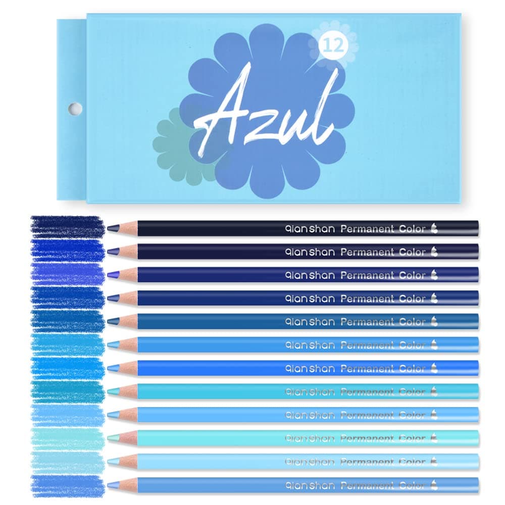 12 Blue Colored Pencils Oil Based Pre-sharpened Wooden Colored Pencil Set for Adults Coloring Books Drawing Sketching Art Supplies, No Duplicates