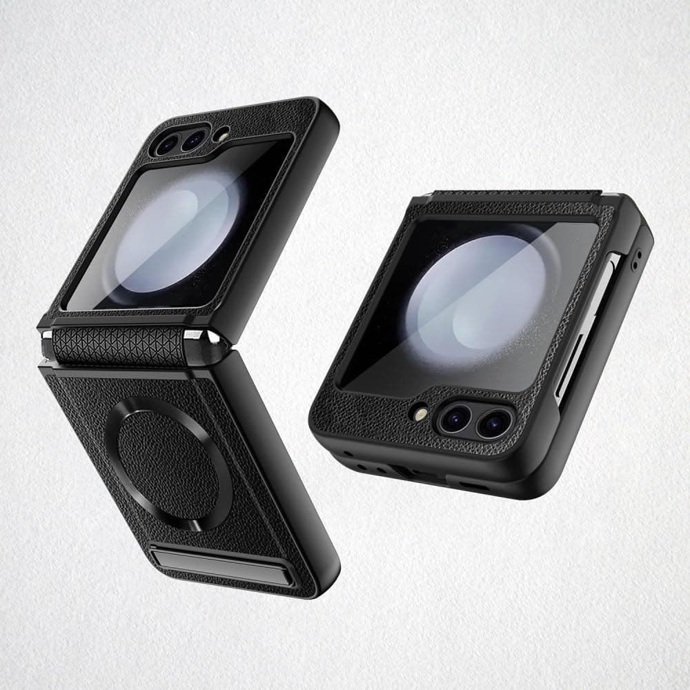 YOITS Leather Case for Samsung Galaxy Z Flip 5 Case with Screen Protection & Magnetic Power & Kickstand, Flip 5 Case Anti-Scratch Shockproof Phone Case for Galaxy Z Flip 5 (Black, Flip 5)