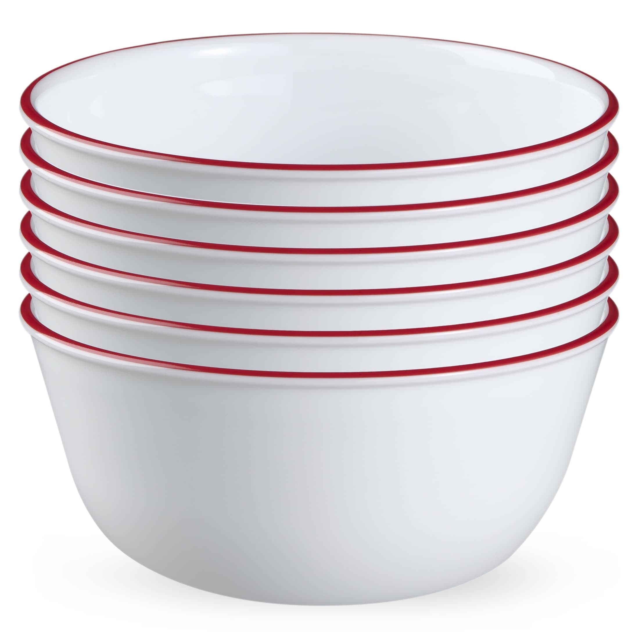 Vitrelle Glass 6-PC Bowls Set, For Soup Cereal & Dessert, Chip-Resistant & Lightweight Bowl Dinnerware Set, Red Banded 28 OZ