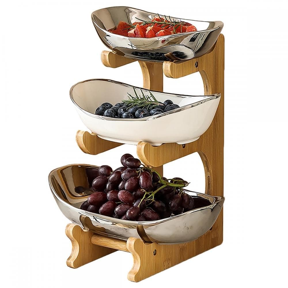 Gelory 3 Tier Fruit Bowls for Kitchen Counter, Ceramic Fruit Bowl with Bamboo Rack, Porcelain Kitchen Bowls Veggies Snack Nuts Bread Candy Dessert Cake Tray (3 Tier Silver and White)