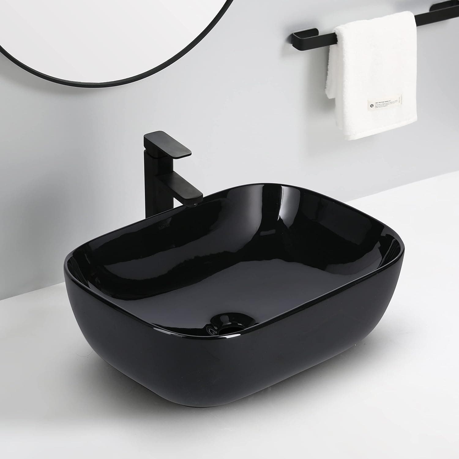 Ceramic Countertop Wash Basin | Designer Table Top Bathroom Basin Sink | Vessel Sink Wash Basin Over Counter for Bathroom, Hotel, Home Living Room (18x13x5.5 Inch) (Glossy Black)
