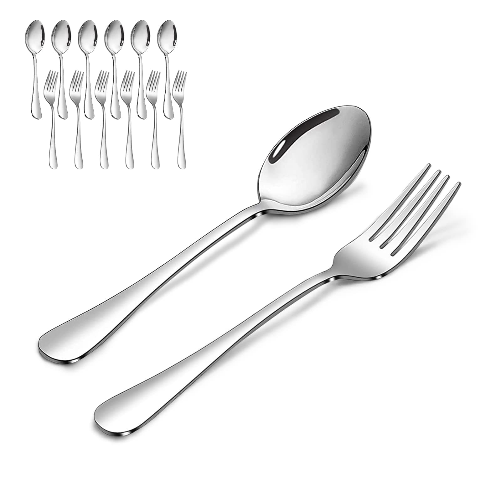 Spoon and Fork Set of 12, 6PCS Stainless Steel Dinner Forks and 6PCS Spoons Silverware Set, Dishwasher Safe (Silver 7.3 Inch)