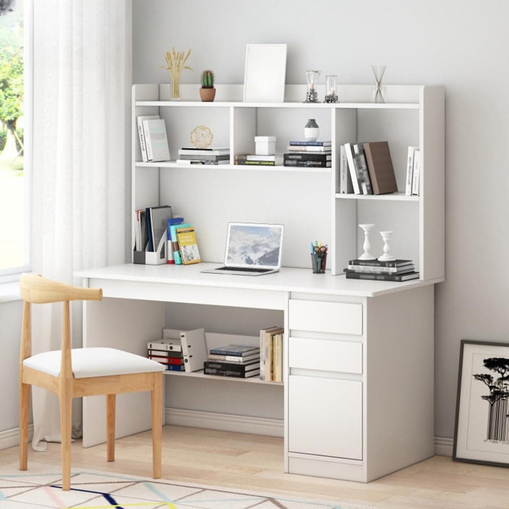 LITFAD Modern Computer Desk Work from Home Desk with Hutch, Bookcase and Integrated Cable Management, Rectangular Wood Office Desk 3 Drawers, White 39" L x 16" W x 56" H