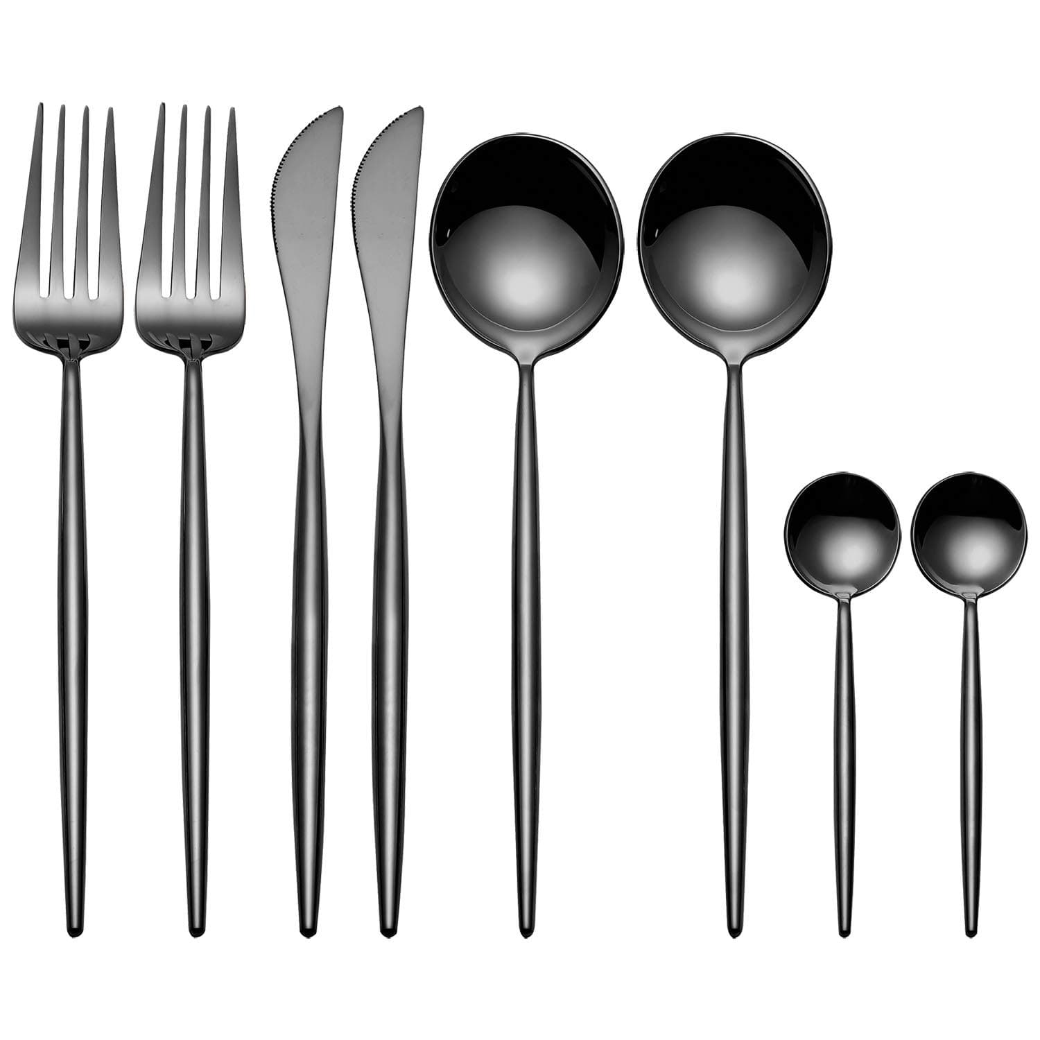 8 Pieces Black Flatware Sets,18/10 Stainless Steel Cutlery Set Glossy, Black Utensil Set, Black Dinnerware Set, Black Dinner Knife Spoons Forks Teaspoons, Service for 2 (Black)