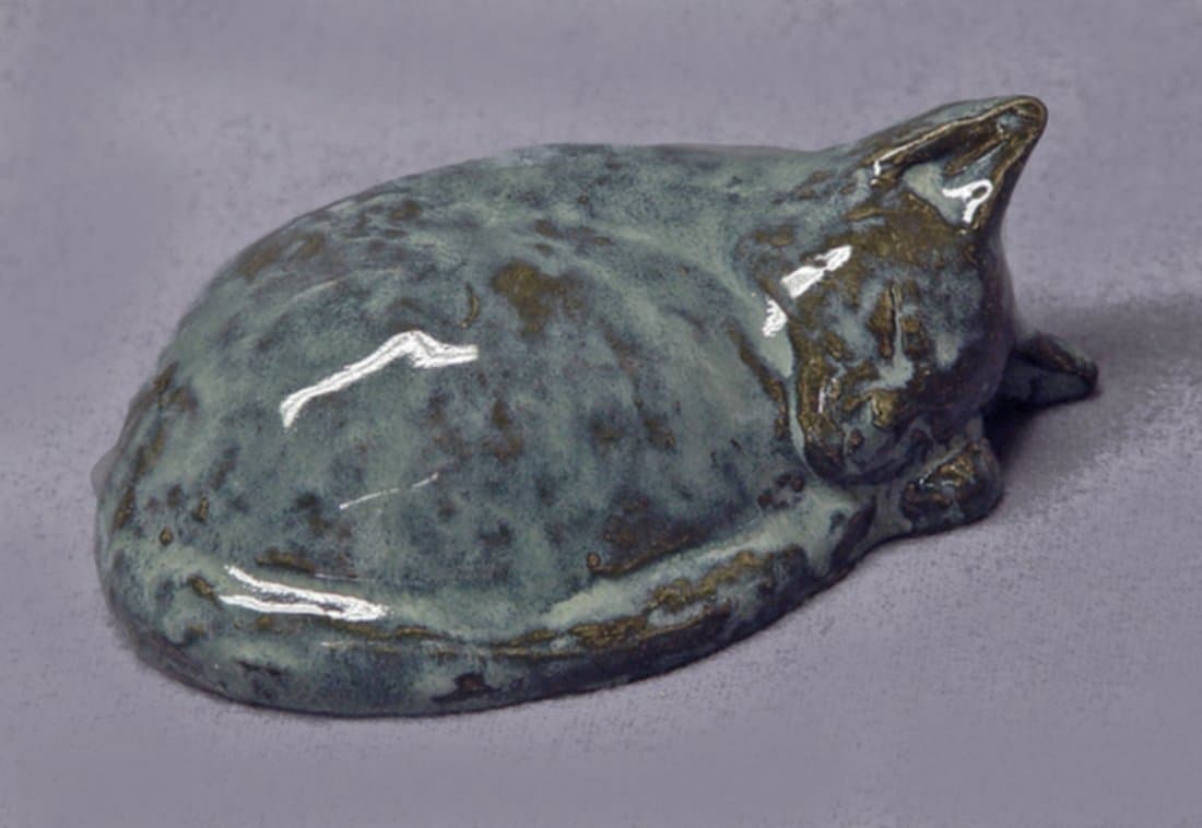 Handmade Ceramic Cat, Sleeping Cat, Cat Sculpture, Cat Figurine, Jade Green, Ceramic Art
