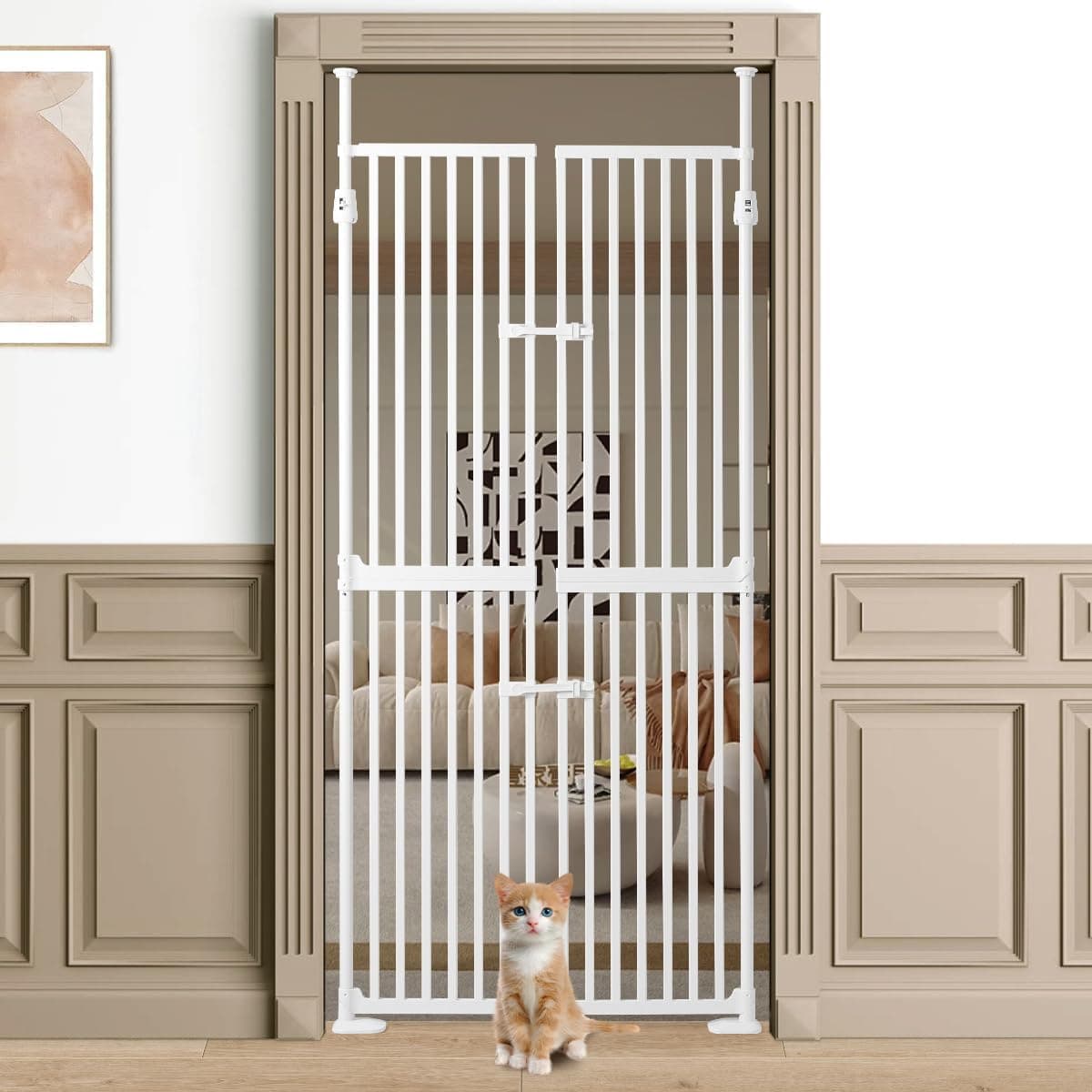 Ulifemate 71" Extra Tall Cat Gate, 33.86-35.43" Wide Auto Close Cat Gate, 1.34" Extra Narrow Gap, No Drilling Pressure Mount Design, Innovation Double Opening Pet Gate (Cream White)