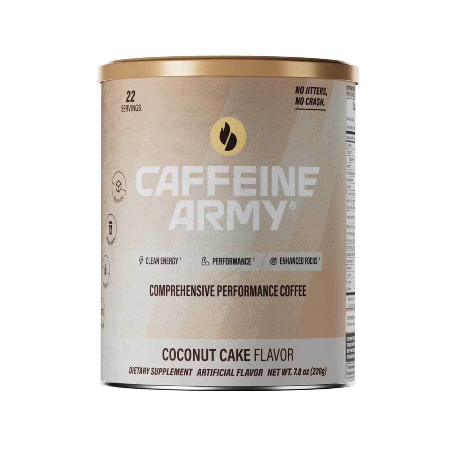 - CAFFEINE ARMY Coconut Cake | Comprehensive Functional Coffee with MCTs, CoQ10, Collagen and Adaptogens: Clean Energy + Supports Daily Attention, No Jitters or Crash (7.8 oz 22 Servings)