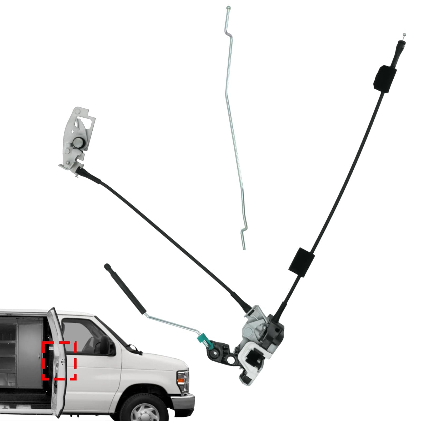Side Door Latch Assembly with Cable & Rod, Right Passenger Side Hinged Lock for Ford 1992-2019 E150 E250 E350 Econoline Van, Door Connective Repair Lock Latch Replaces 8C2Z15264A00B
