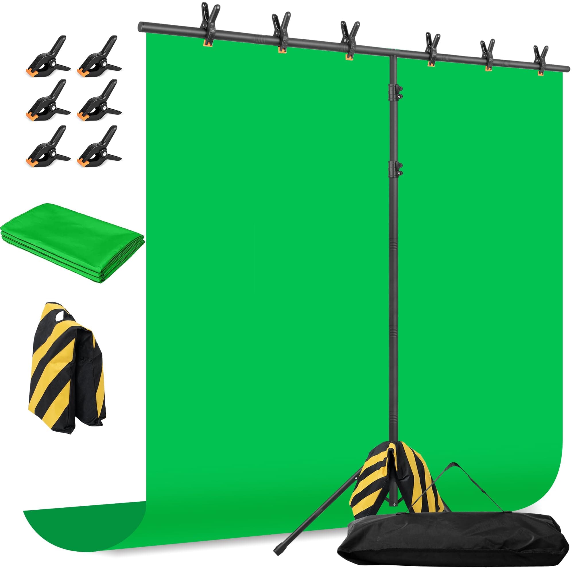 Green Screen Backdrop with Stand, 8x7.2ft Portable Greenscreen Background with Stand, T-Shape Green Screen Stand kit with 6 Spring Clamps, Sandbag, Carry Bag for Zoom, Video