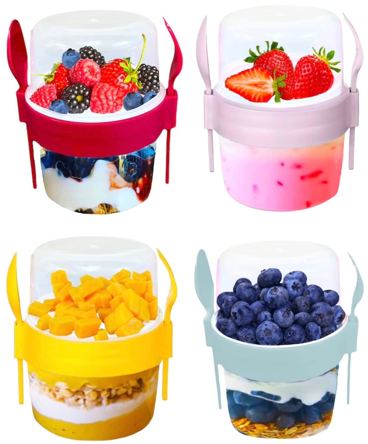 VL 4PCs Yogurt Pots Reusable 500ml Overnight Oats Container with Spoon & Fork BPA free Breakfast Pots to GO Cereal On the Go Dishwasher Safe Lunch Box Oatmeal Jars Set of 4 (Red, Pink, Grey, Yellow)