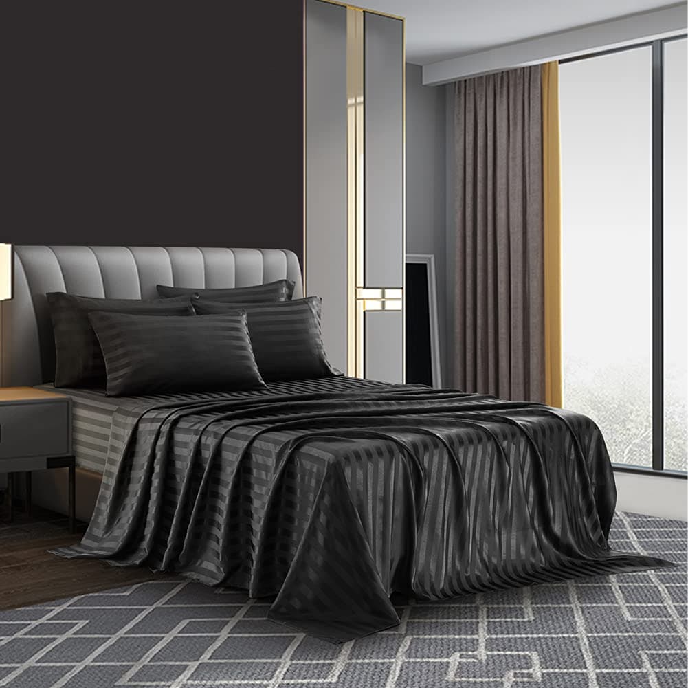 AiMay 6 Piece Satin Italian Style Bed Sheet Set Deep Pocket Stripes 1800 Luxury Rich Silk 1 Flat Sheet 1 Fitted Sheet 4 Envelope Pillowcases Stain-Resistant Wrinkle Free (Queen,Black)