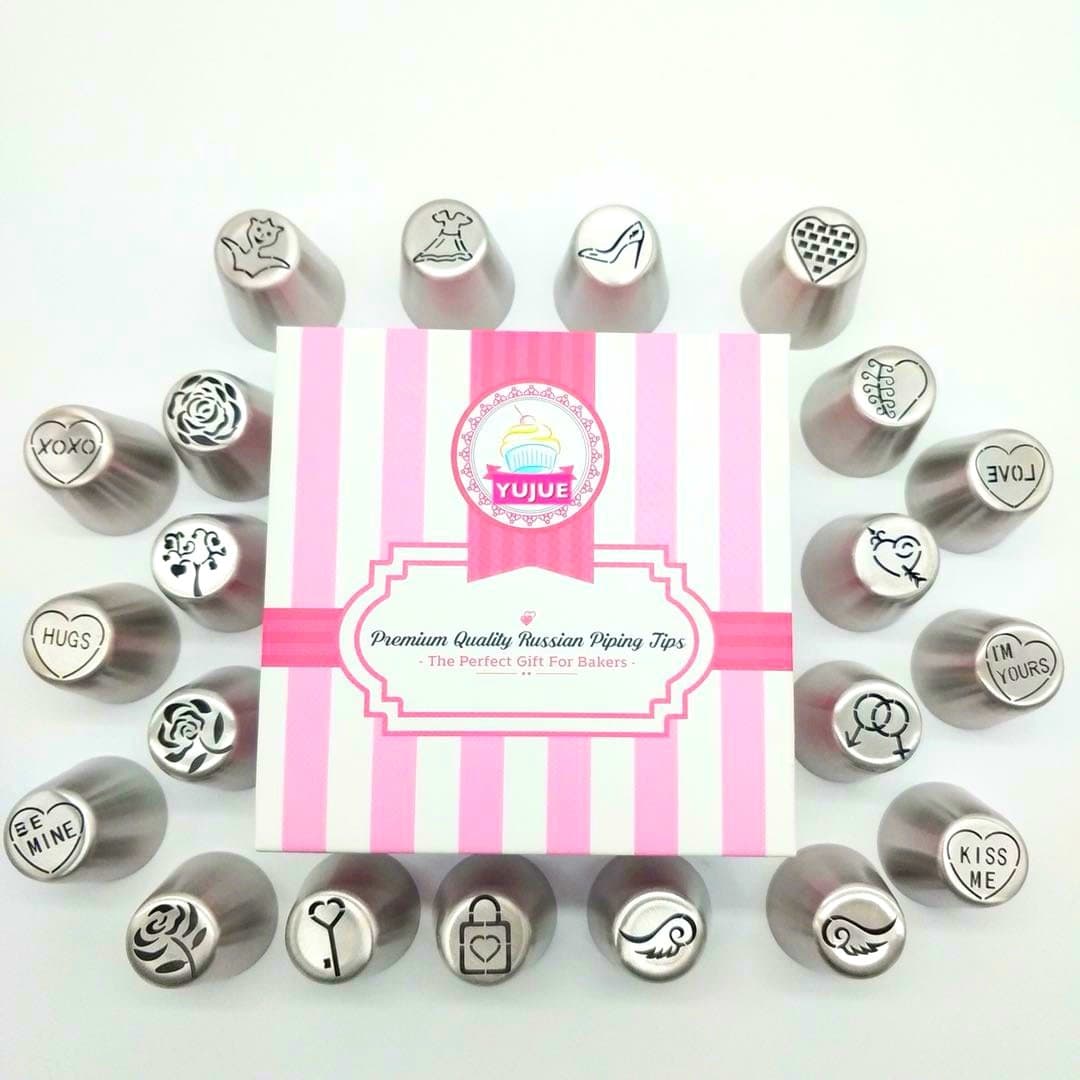 Russian Piping Tips Set,New Valentine's Day style - 35 pcs Cake Cupcake Decorating Tools Kit - 21 Icing Nozzles -2 Couplers - 1 Silicone Bag - 10 Disposable Pastry Bags - 1Gift Box