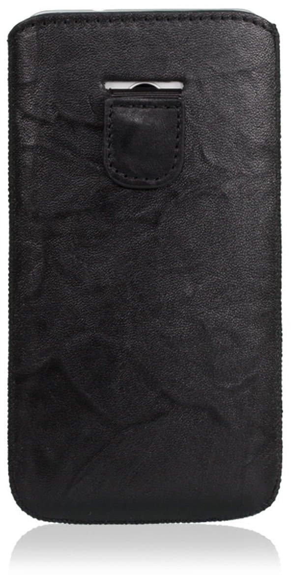 MediaDevil HTC One M7 (2013) Leather Case (Black with Black Stitching) - Artisanpouch Genuine European Leather Pouch Case with Pull-Tab