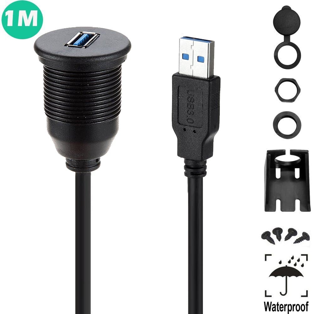 POWERbeast USB 3.0 Flush Mount Cable Single Port 3.0 Male to Female AUX Flush Mount,Extension Cable for Car Aftermarket Motorcycle Truck Boat Dashboard Panel Mount