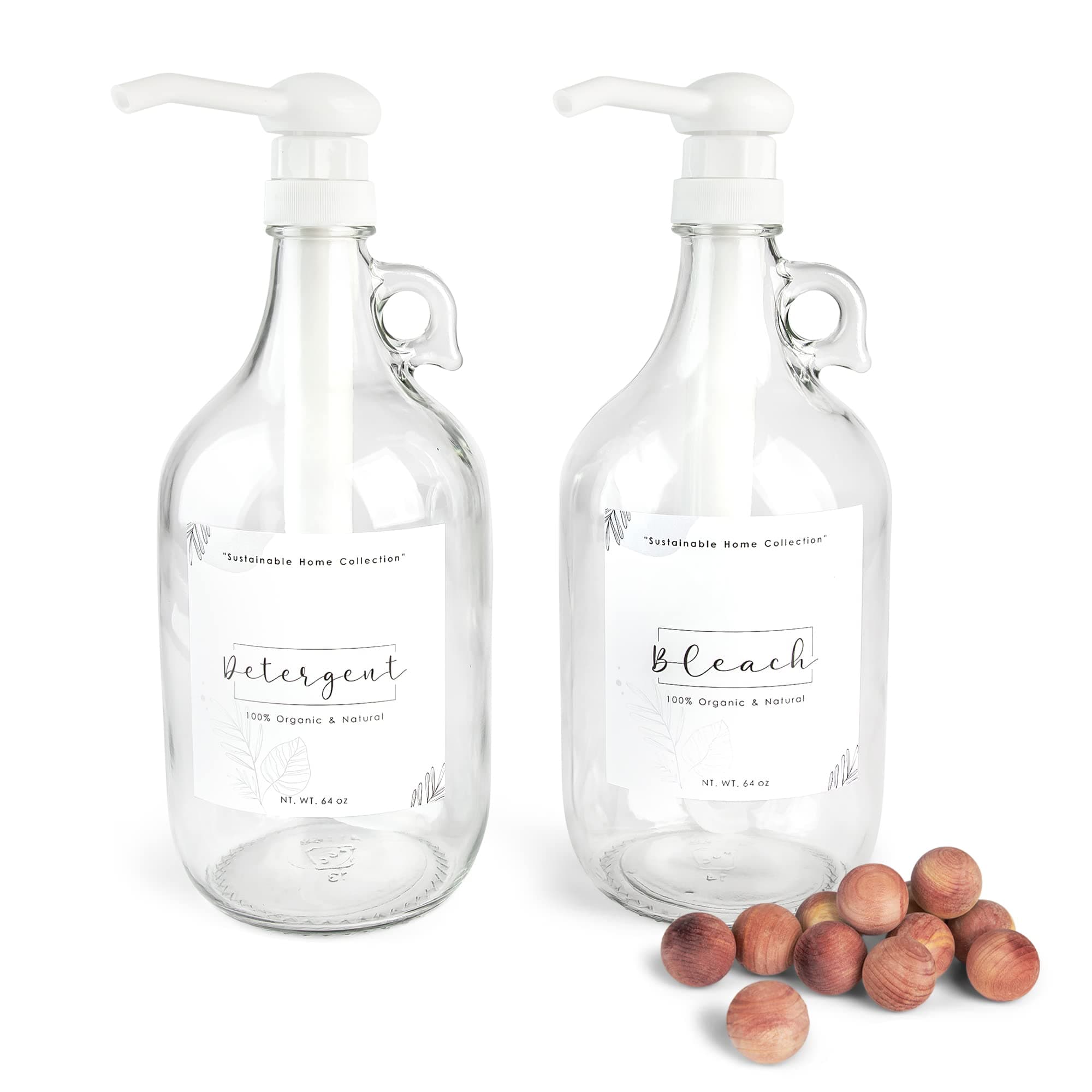 Laundry Detergent Dispenser - 2 Half Gallon Glass Jugs for Laundry Soap Dispenser, Fabric Softener & Bleach - Detergent Dispenser for Laundry Room