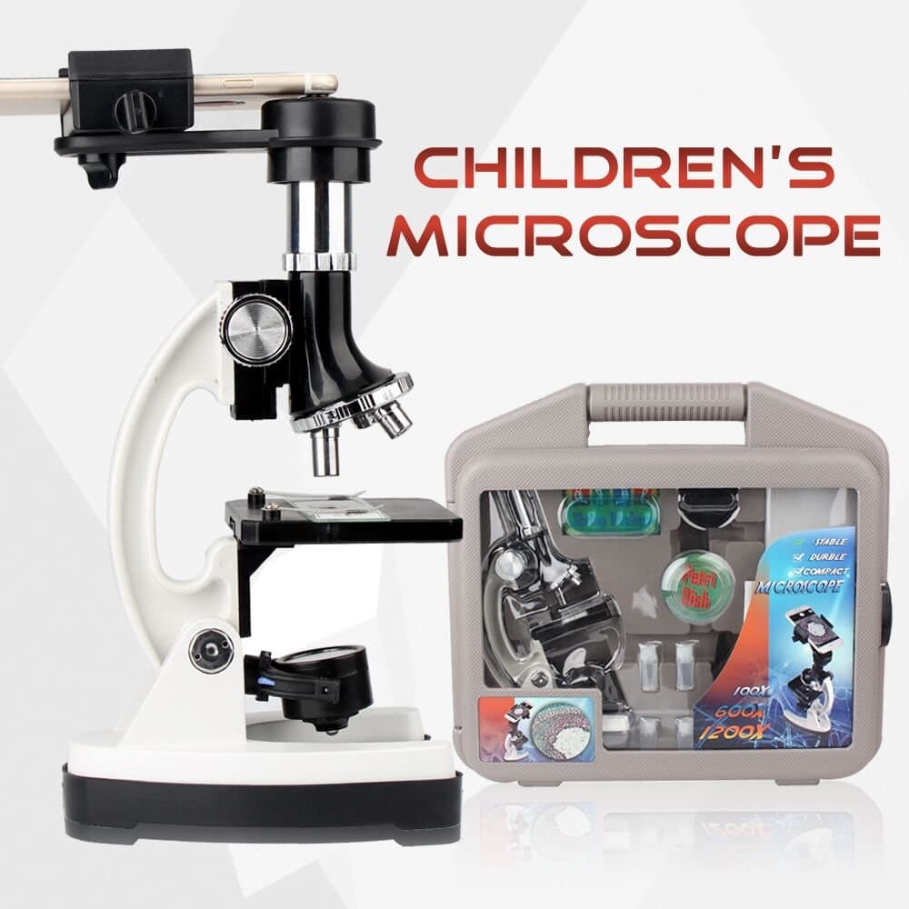 Microscope Kit for Beginners and Kids with Metal Arm and Base, Microscope with Metal Arm and Base, Magnifications from 100x to 1200x - Includes 52-Pieces Accessory Set and Case With Cellphone Adapter