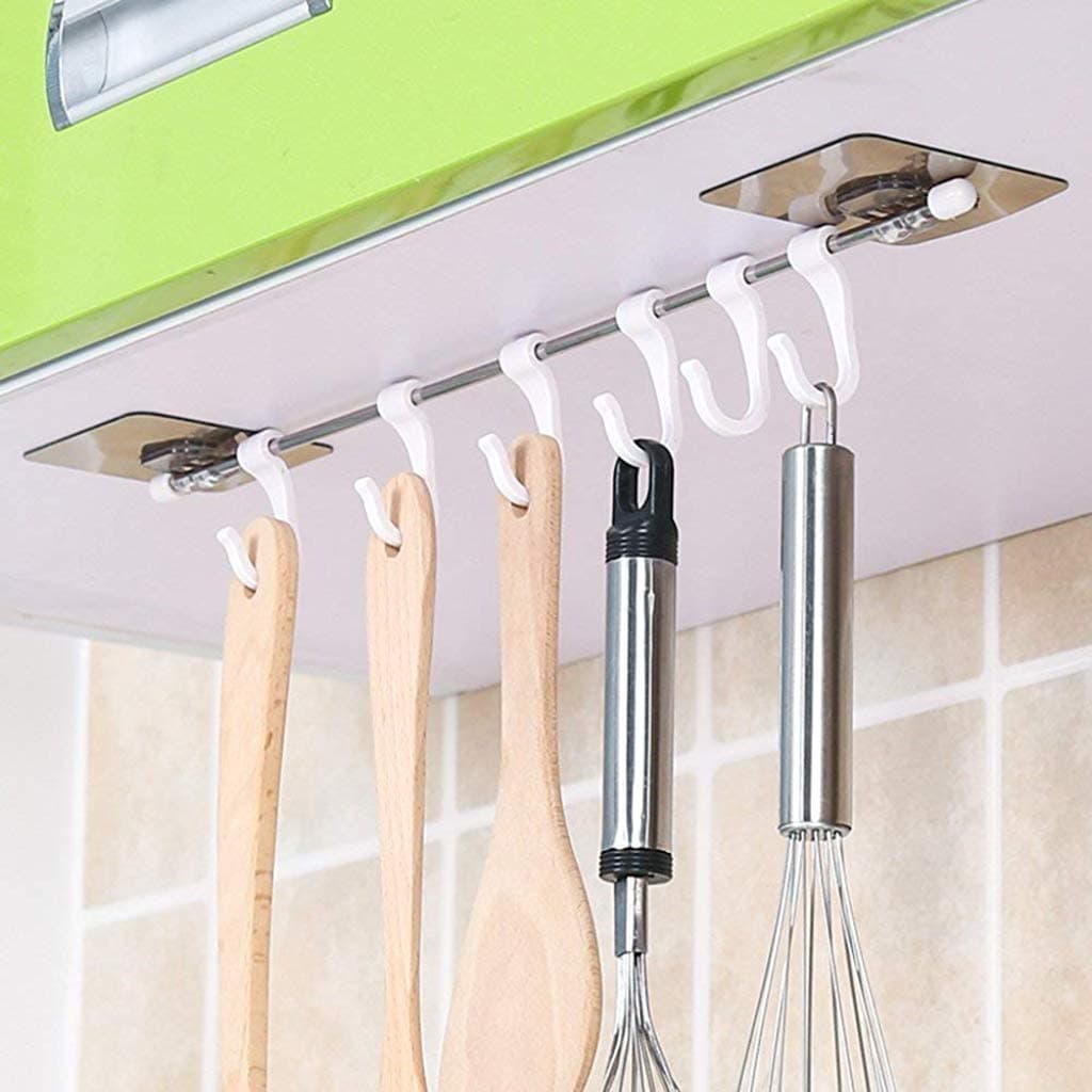 Self Adhesive Stainless Steel Rod with 6 Hooks Wall Mounted Kitchen Utensil Hanging Rack Holder | Bathroom Towel Hanger (Steel Rail Hook)